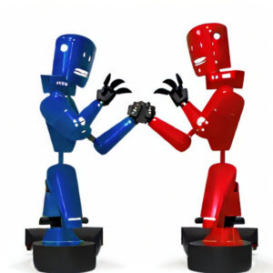 Drawing of two robots facing each other looking aggressive. One is blue and one is red.