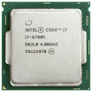 Top view of an Intel Core i7 processor, looking like a thin square metal-enclosed device attached to a small circuit board.